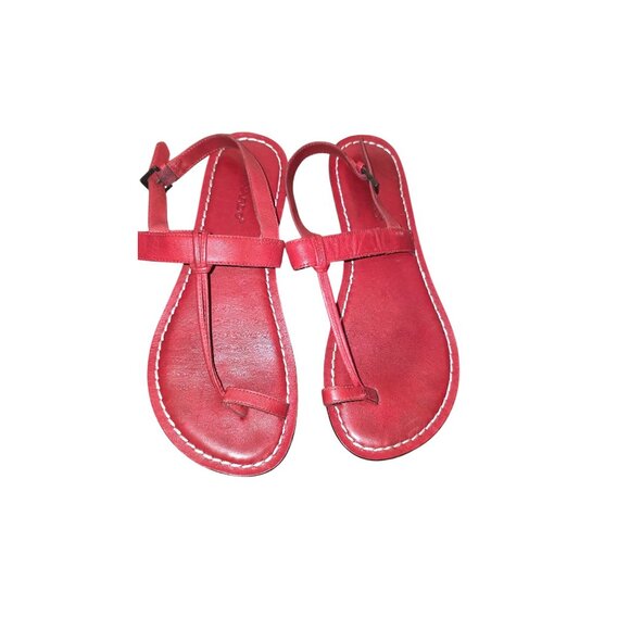 Bernardo Women's Red Leather Sandals Size 10M White Stitching & T-Strap Design - Picture 1 of 7